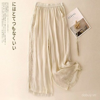 Mùa Hè 2025 Mới Nữ Crop Quần Ống Rộng Retro Thêu Rời Chảy Chảy Rỉ Cotton Vải Lanh Quần