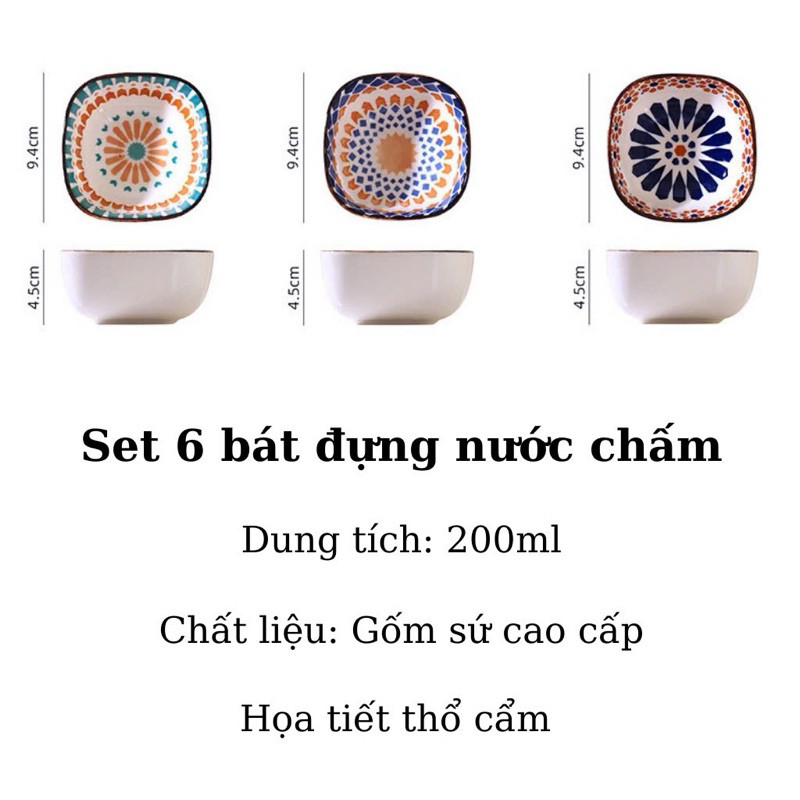 Bát sứ đựng nước chấm đồng tiền Chén đựng gia vị gốm sứ phong cách Nhật Bản họa tiết thổ cẩm