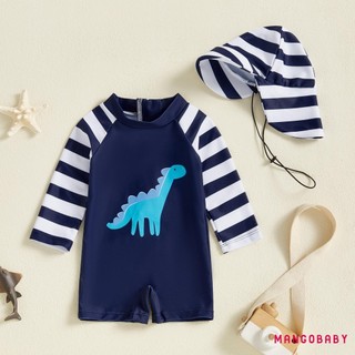 MG-Toddler Boys Rash Guard Đồ bơi Bộ đồ tắm dài tay sọc in hình khủng Long có mũ bơi