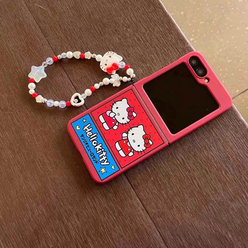 Ốp Điện Thoại Thích Hợp Cho Samsung Galaxy ZFlip7 ZFlip6 Hoạt Hình Dễ Thương Họa Tiết Kitty Dây Gấp Vỏ Cho ZFlip5 zflip4 zflip3 N3flip Mixflip 5G Vòng Tay Bảo Vệ