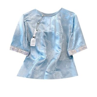 Áo sơ mi satin jacquard thêu phong cách Trung Hoa, cổ tròn tay ngắn cho mùa hè 2025