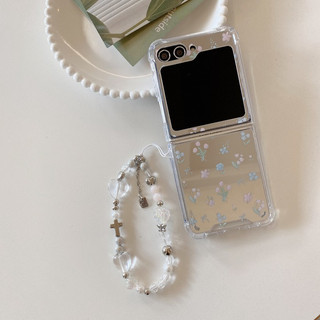 Flip7 Ins Hồng Xanh Hoa Vòng Tay Gương Lật Dành Cho Samsung Galaxy Z Flip 7 6 5 4 3 5G Cover