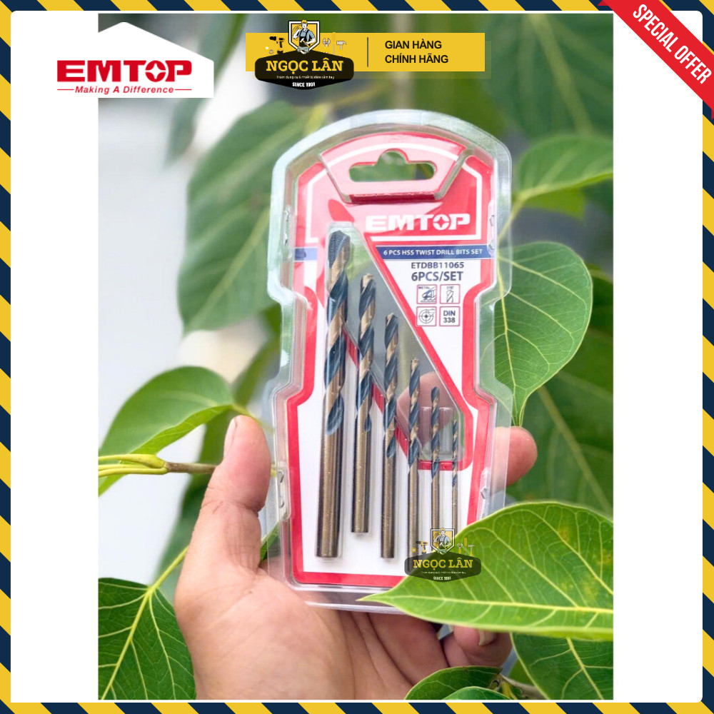 [Chính hãng[ Bộ 6 Mũi Khoan sắt EMTOP thép HSS Đuôi Tròn cao cấp (mã ETDBB11065)