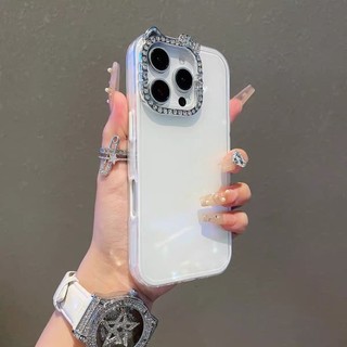 Ốp điện thoại hình mèo kim cương sang trọng màu trơn 2in1 cho iPhone 17Promax 16Promax 16Pro 12 13 14 15 Pro Max 11 15Plus Vỏ điện thoại silicon chống sốc cho nữ