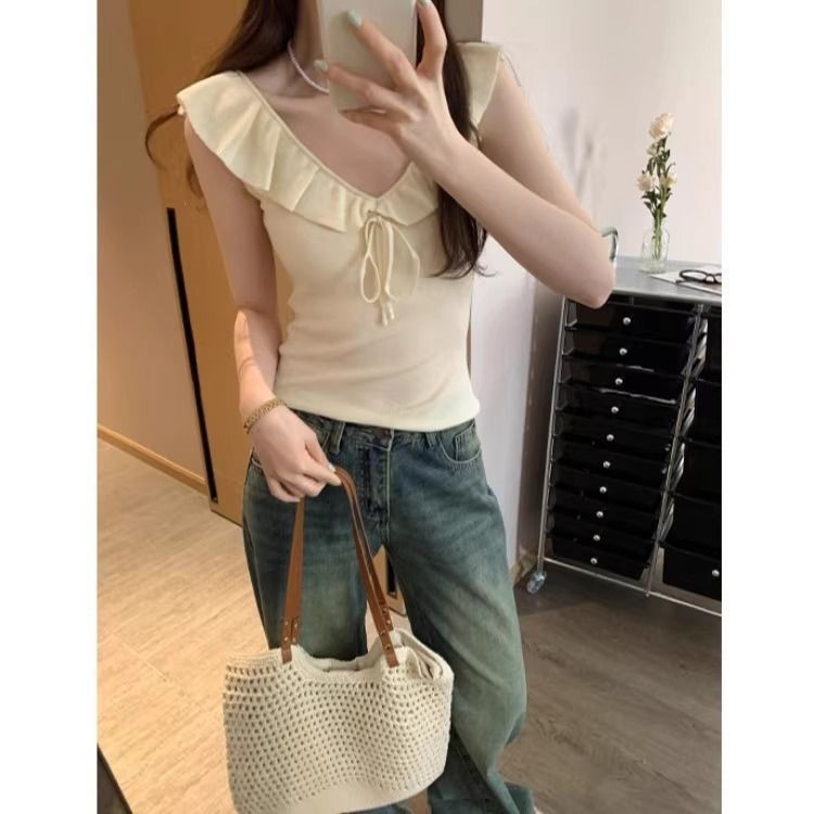 Milyfashion Pháp Xù Không Tay Dệt Kim Mùa Hè Slim-fit Ôm Hơn Nhìn Nơ Thắt Nơ Không Tay Sling Áo Ngắn