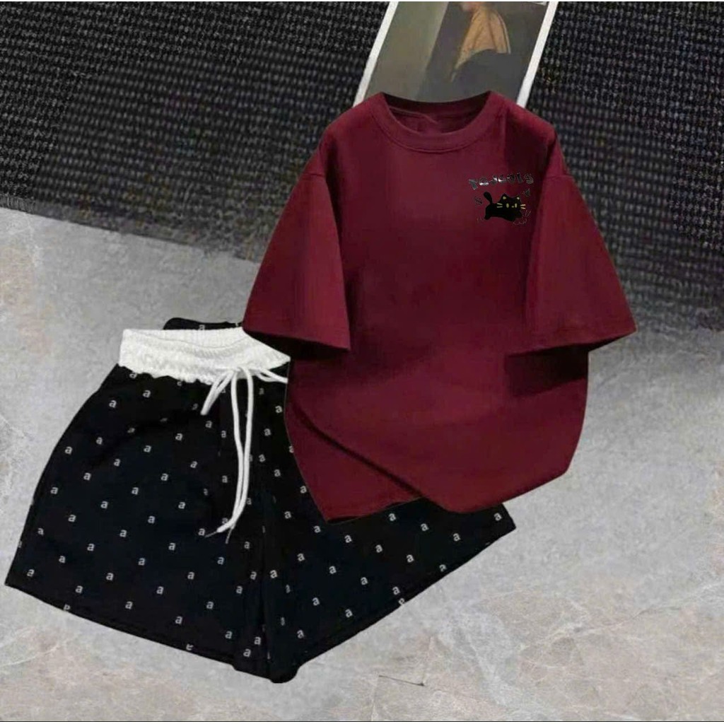 sét bộ quần ĐÙI cộc CHỮ A cạp chun màu trắng +mix áo phông -in mèo ngực mèo chữ TGJGOIS