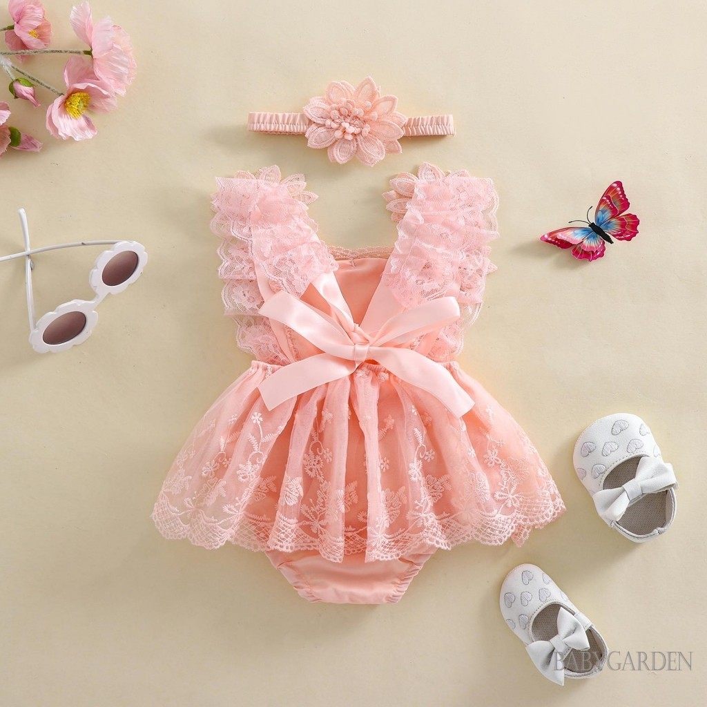 Baga-bộ trang phục mùa hè cho bé gái / Váy liền quần lưới thêu hoa + Băng đô nơ Quần áo sơ sinh