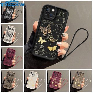 Ốp Điện Thoại + Dây Đeo Sang Trọng Dòng Bướm Vàng Tương Thích Cho Samsung Galaxy A32 A25 A24 A23 A22 A21S A15 A14 Vỏ Mềm Mắt Angie Dễ Thương
