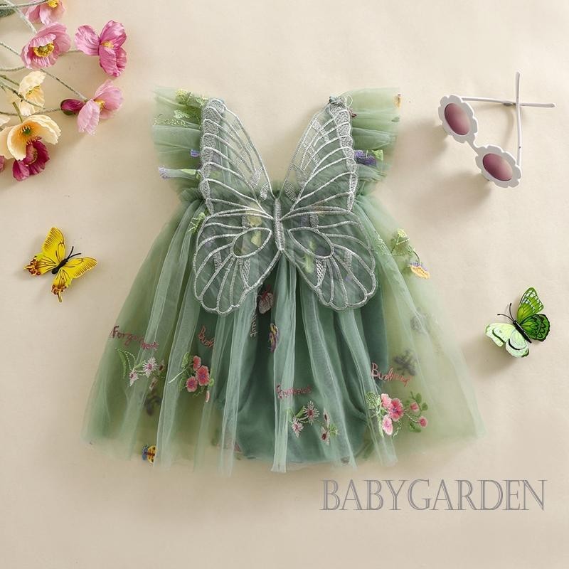 Baga- [Váy liền quần bé gái 1-18 tháng tuổi] -Bộ áo liền quần cổ vuông thêu hoa bướm không tay cổ vuông đáng yêu cho trẻ sơ sinh