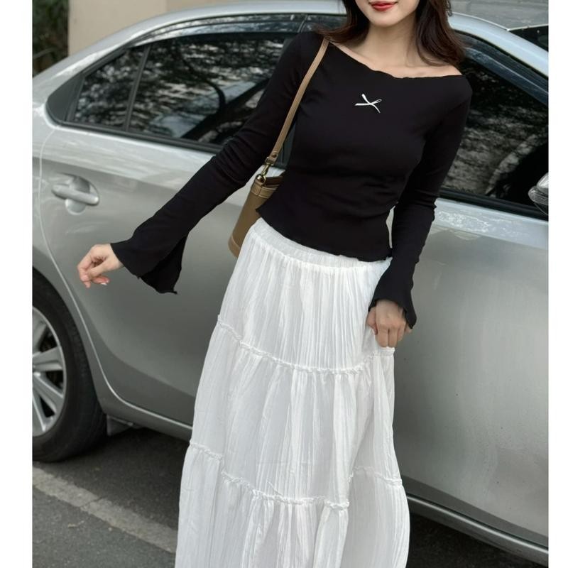 ( Có tách set) Set váy áo trễ vai tay dài phối nơ và chân váy đũi dáng dài phong cách điệu đà tiểu thư- A277, CV051