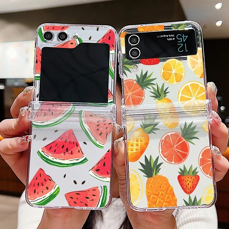 Vỏ điện thoại trong suốt họa tiết trái cây dễ thương cho Samsung Galaxy Z Flip 6 Flip 5 Flip 4 5G Full Bản lề PC cứng gấp cho Samsung Z Flip 6 5 4 3