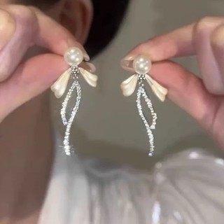 Bông tai tua rua ngọc trai nơ - Pháp cổ điển, ngọt ngào, thanh lịch - Bông tai vòng nơ Zircon - Phụ kiện trang sức - Dành cho đám cưới, tiệc tùng, mặc hàng ngày
