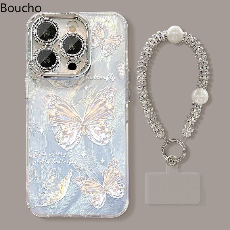 Dành Cho iPhone 15 Pro Max 14 Plus Tranh Sơn Dầu Thời Trang Bướm Ốp lưng Có Dây Xích Cho iPhone 11 12 13 14 Pro Max 15promax Mềm IMD Chống Sốc Với Ống Kính Phim Mặt Sau