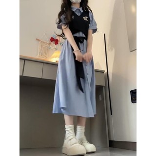 Bộ đồ / một mảnh nữ sinh viên tay phồng sọc cổ POLO cổ áo sơ mi ngắn tay + Áo Vest phong cách Preppy 8.26