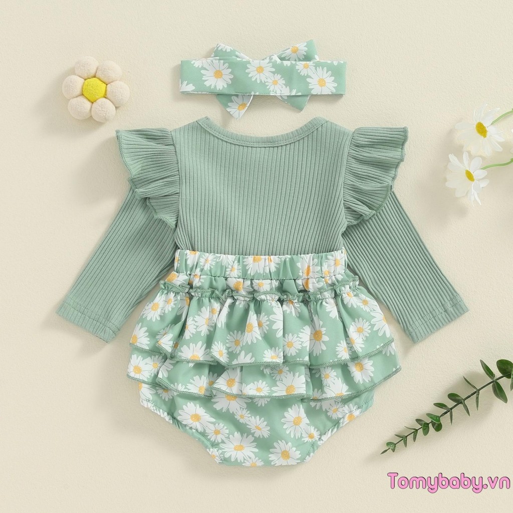 Bộ áo liền quần dài tay có gân mùa thu cho bé gái + Bộ băng đô