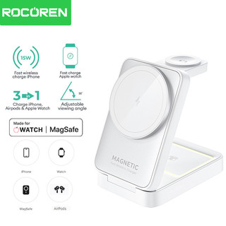 Rocoren 3 trong 1 Bộ sạc không dây từ tính có thể gập lại Giá đỡ máy tính để bàn Trạm sạc nhanh 15W cho iPhone 17 16 Pro Max Air iWatch