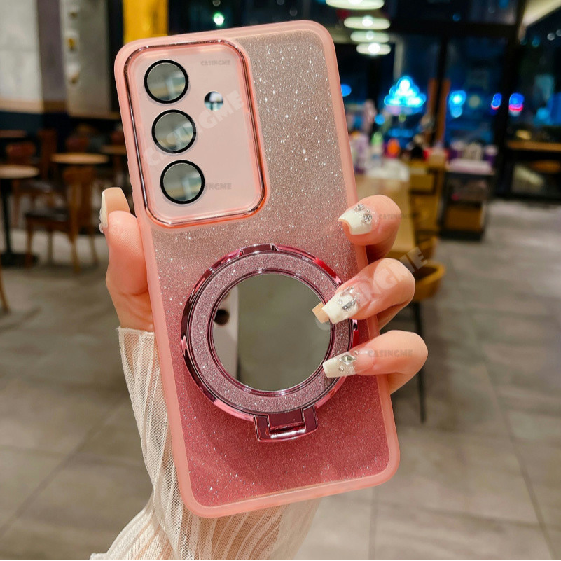 Samsung S24 FE 2024 Gương Giá Đỡ Từ Tính Vỏ Lấp Lánh Cho Samsung Galaxy S24FE S 24 FE S24 Plus Ultra 4G 5G Bao Camera Vỏ Điện Thoại Chống Ốp Lưng Mềm Bảo Vệ Ống Kính
