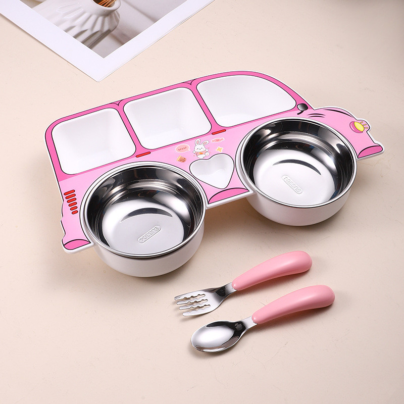 Bộ đồ ăn trẻ em bằng thép không gỉ 304 Bộ đồ ăn năm mảnh dễ thương Lưới vui nhộn siêu chống sốc