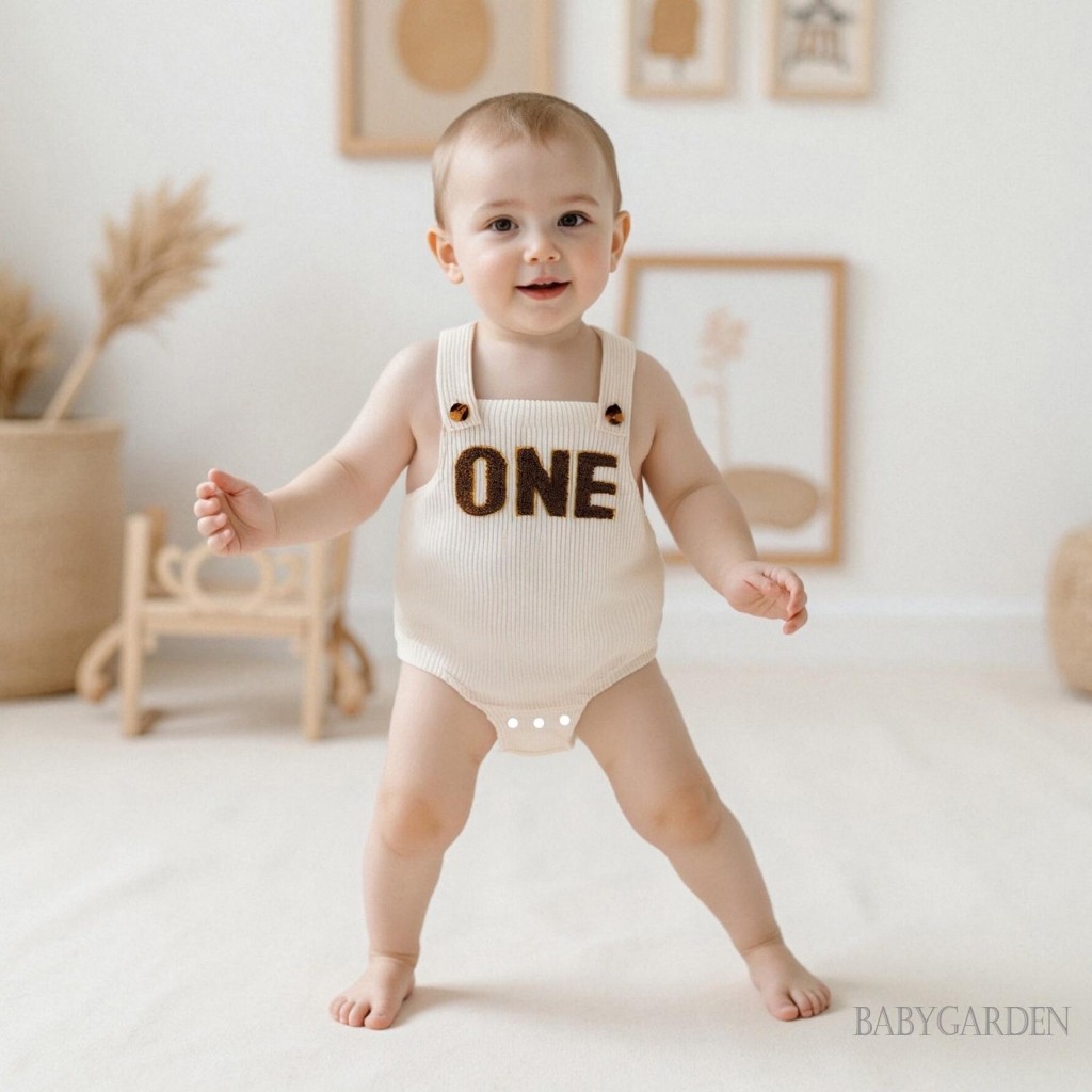 / / -Bộ áo liền quần không tay cổ vuông thêu chữ cho bé Trang phục sơ sinh