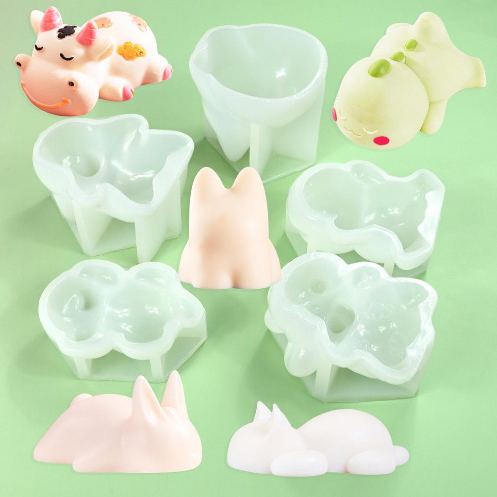 Khuôn silicon silicon 6 ngăn hình chó con, khủng long, Kapibara, vịt, thỏ, mèo, làm sữa thạch, mousse, pudding, tráng miệng tự làm