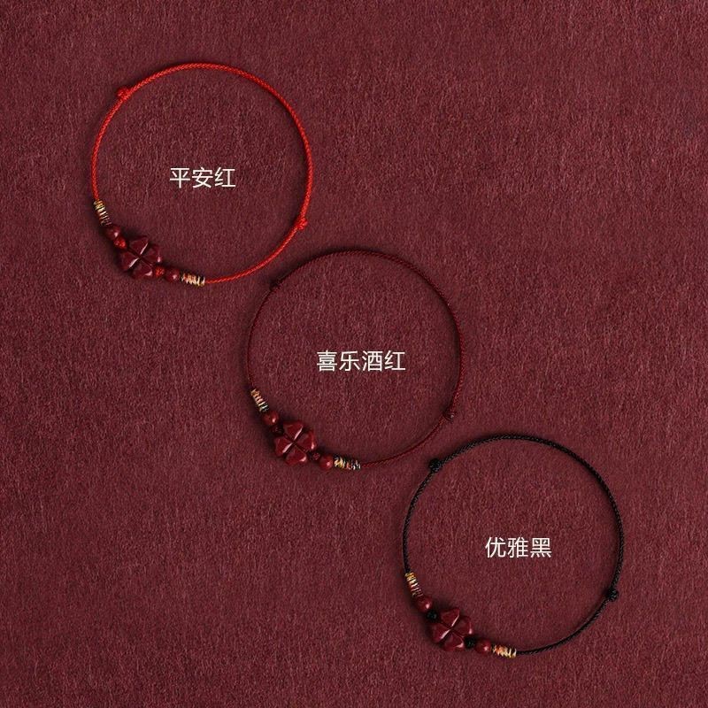 Vòng tay/vòng chân nam nữ từ cinnabar tự nhiên, thiết kế bốn lá cỏ ba lá dây đỏ, đơn giản và an toàn