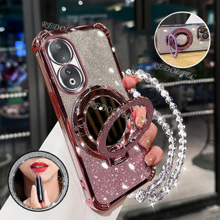 Ốp lưng Honor 90 90Lite 5G Vỏ lấp lánh Gradient mới có gương trang điểm Giá đỡ từ tính Honor 90 Lite Honor90 Bảo vệ ống kính có giá đỡ dây buộc Vỏ điện thoại chống sốc