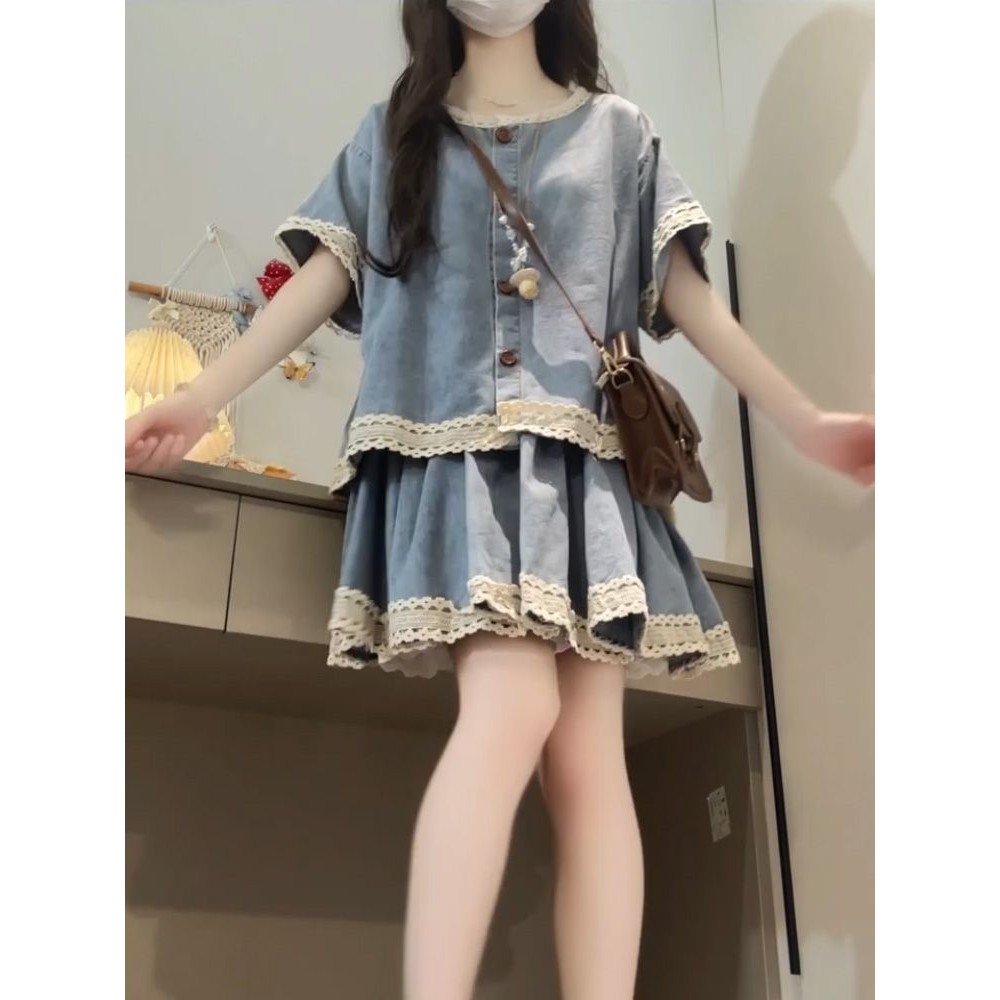 [Yu]Áo denim rộng phối váy denim ren, set hai mảnh phong cách vintage cá tính cho phái đẹp.