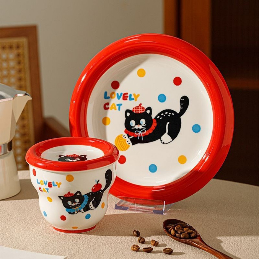 Bát Đĩa Sứ Cao Cấp Hình Mèo Đen Cute, Bát Cơm, Đĩa, Tô Đa Dạng Kích Thước SET019