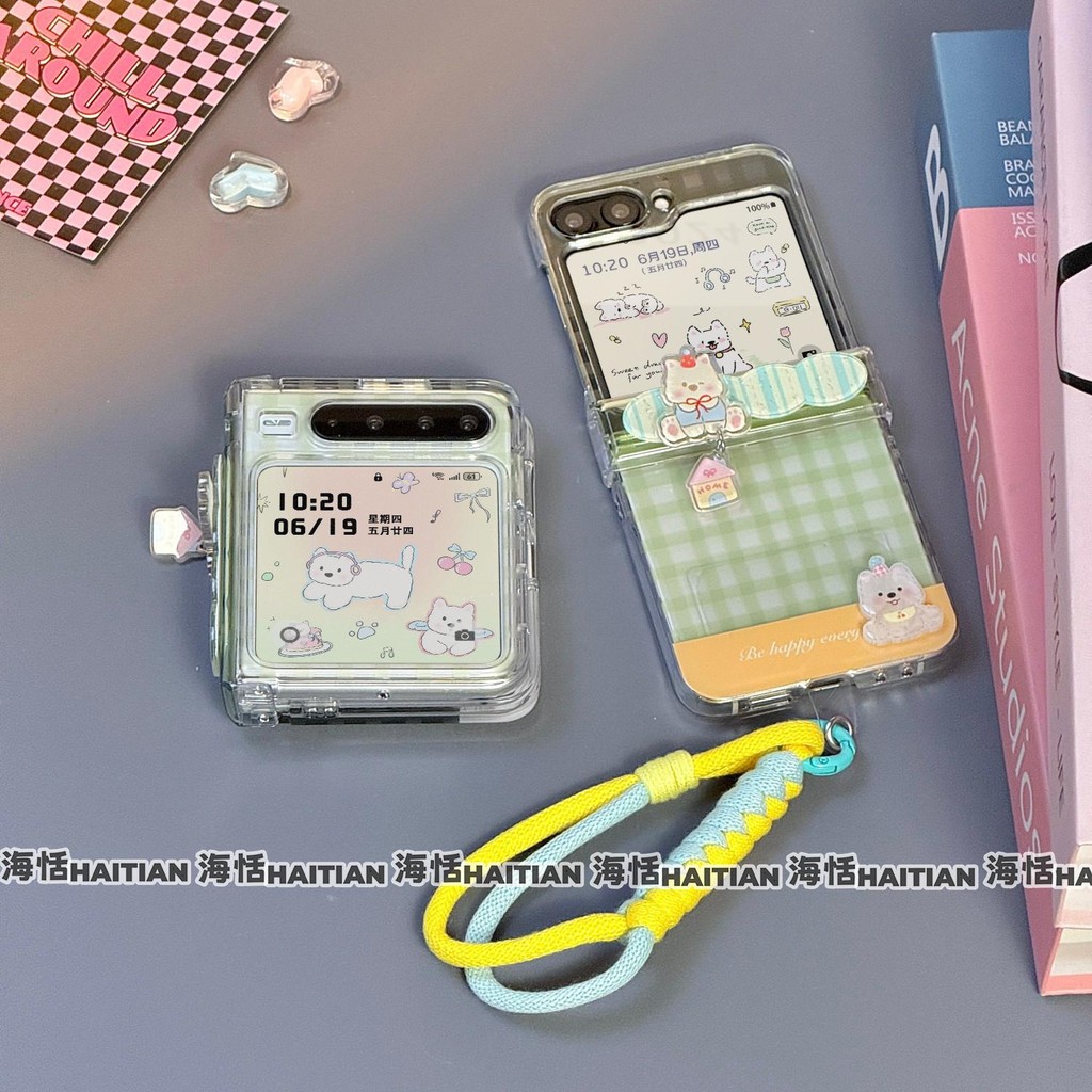 Ốp Điện Thoại Thích Hợp Cho Samsung Galaxy ZFlip7 Hoạt Hình Dễ Thương Màu Xanh Lá Cây Rô 3D Puppy Vòng Tay Gấp Vỏ Cho ZFlip 7 6 5 4 5G N3Flip MixFlip Vỏ Bảo Vệ