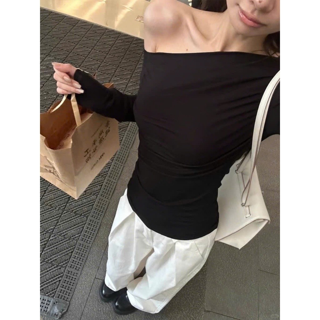 Áo thu đông cách điệu trễ vai dài tay ôm body chất liệu co giãn phong cách trẻ trung XIMIMI SP346