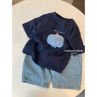 Áo thun trẻ em in hình hoạt hình mùa hè 100% Cotton tay ngắn dáng rộng cho bé Áo thun thoải mái
