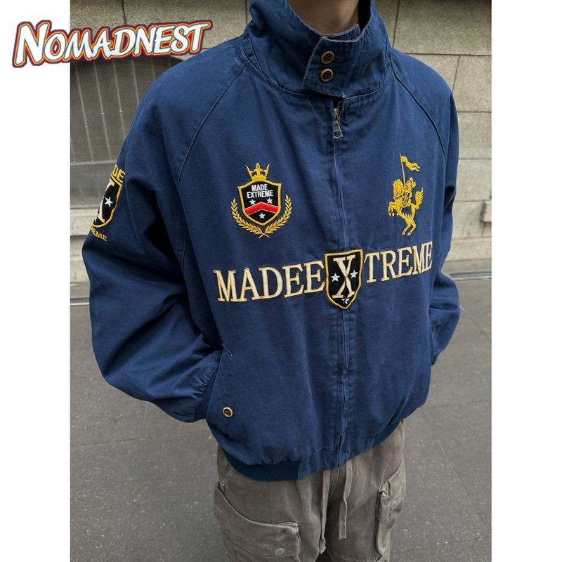 NOMADNEST Áo khoác nam kiểu Mỹ cổ điển, thiết kế Harrington ngắn, thêu tay đẹp mắt