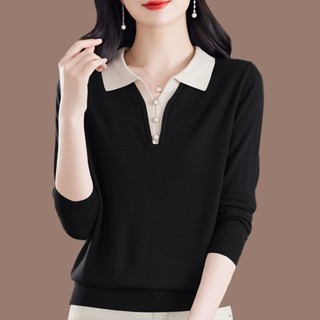 Áo Len Dài Tay Nữ Mẹ Mùa Xuân Thu Đi Lại Cổ Áo Polo Rời Top
