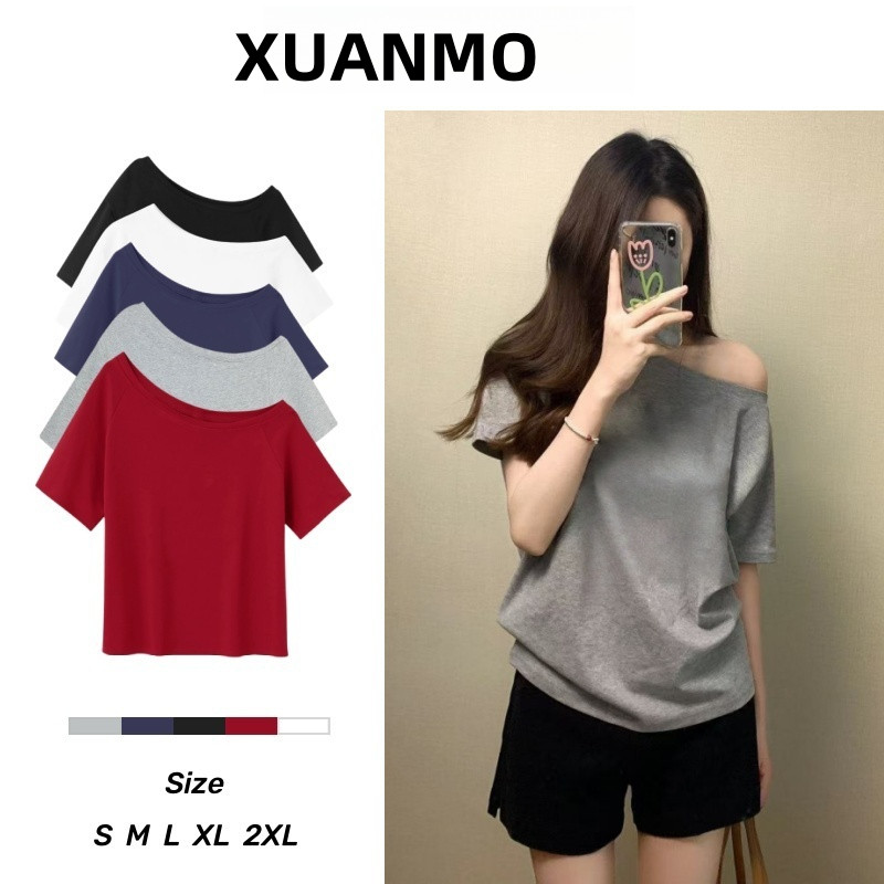 XUANMO Local brand Áo lệch vai Áo thun phông form rộng BIG SIZE Áo thun ngắn tay màu xám quây gợi cảm, phù hợp mùa hè