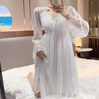 Phong Cách Cung Điện Gợi Cảm Với Miếng Lót Ngực Ren Cổ Chữ V Dài Tay Váy Ngủ Nữ Xuân Thu Cao Cấp Homewear Bộ Đồ Ngủ Váy Hơi Béo Size Lớn Quần Áo Nữ