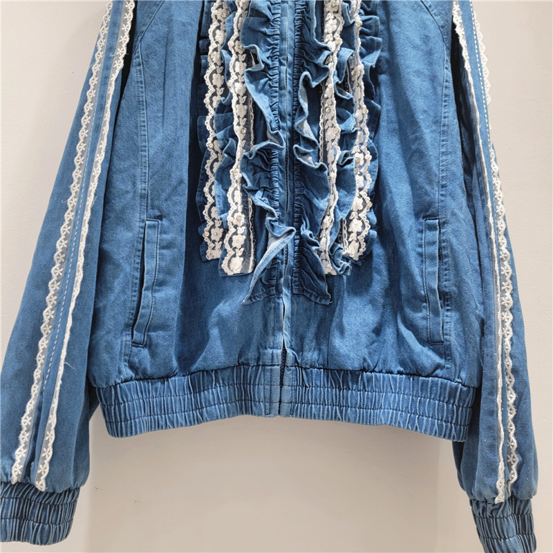 Áo khoác denim nữ cổ đứng, màu sắc tương phản, dây kéo rời, tay dài