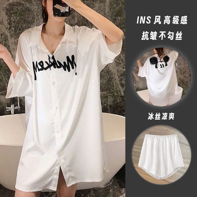 Hàng sẵn có Váy ngủ bằng lụa băng dành cho nữ 2025 Áo sơ mi cao cấp ngắn tay Bộ đồ ngủ Váy quần Short Bộ đồ gia đình