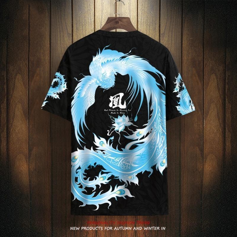 Men's T-shirt Chinese Style Phoenix Printed Short Sleeve Summer Quick-Drying Breathable plus Size Loose Short Sleeve T-shirt