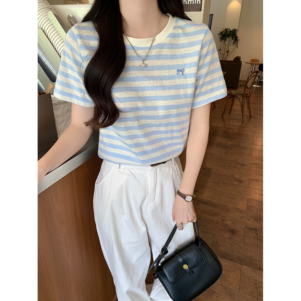 SUXI Áo thun Cotton thêu nơ sọc cổ điển Áo thun nữ mới 240727