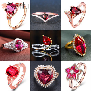 ❤ Sang Trọng Nguyên Bản Nhiều Kiểu Màu Đỏ Pha Lê Trái Tim Hoa Hồng Vàng Nhẫn Series Topaz Quà Tặng Retro Ruby Trang Sức