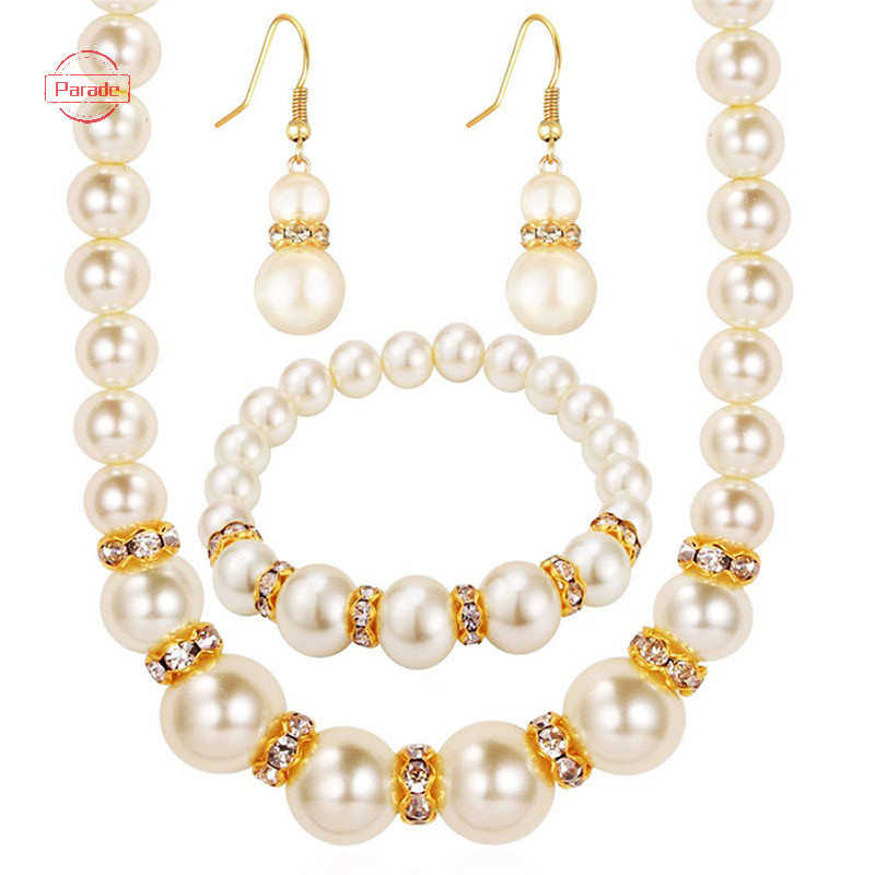 Parade 3in1 Bộ Thanh Lịch Mô Phỏng Vòng Cổ Ngọc Trai Bông Tai Vòng Cổ Dài Nữ Cô Dâu Cưới Trang Sức Quà Tặng VN