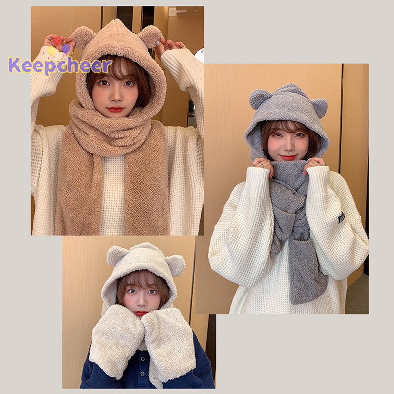 [Keepcheer] 1 Khăn quàng cổ hình gấu dễ thương Găng tay bảo vệ ấm áp mùa đông 3 trong 1 Khăn quàng cổ nữ chống gió sang trọng [Mới]