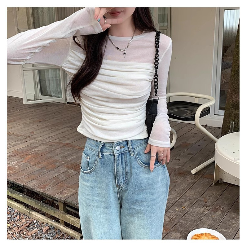 Milyfashion Mỏng Lưới Dài Tay Áo Thun Nữ Đầu Thu Phong Cách Mới Xếp Ly Slim-Fit Đáy Áo Sơ Mi Ngắn Top Bé tee Y2K