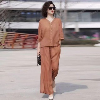 Bộ đồ cotton và vải lanh cho nữ bộ đồ hai món quần ống rộng cổ áo phong cách Hàn Quốc giản dị mùa hè mới 2024