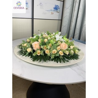 Hoa đặt giữa bàn tròn khách sạn, hoa giả, hoa trang trí, hoa giả, hoa lụa, bàn xoay khách sạn, hoa trang trí bàn bàn họp
