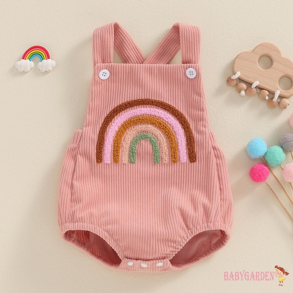 Baga-0-12 tháng tuổi Quần yếm bé gái cầu vồng / dâu tây thêu cổ vuông không tay có gân áo liền quần Quần áo sơ sinh
