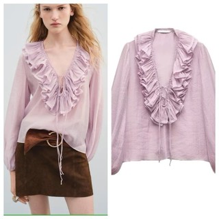 ZA Loose V-neck Solid-color Long-sleeved Shirt 8544207