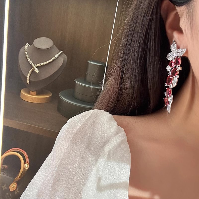 Bông tai tua rua dài Zircon sang trọng nhẹ Bông tai hoa lá tinh tế thời trang
