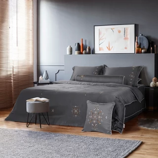 Mẫu chăn ga Everon màu xám đen bóng vải Tencel cao cấp Đêm Tinh Tú - EST 24036