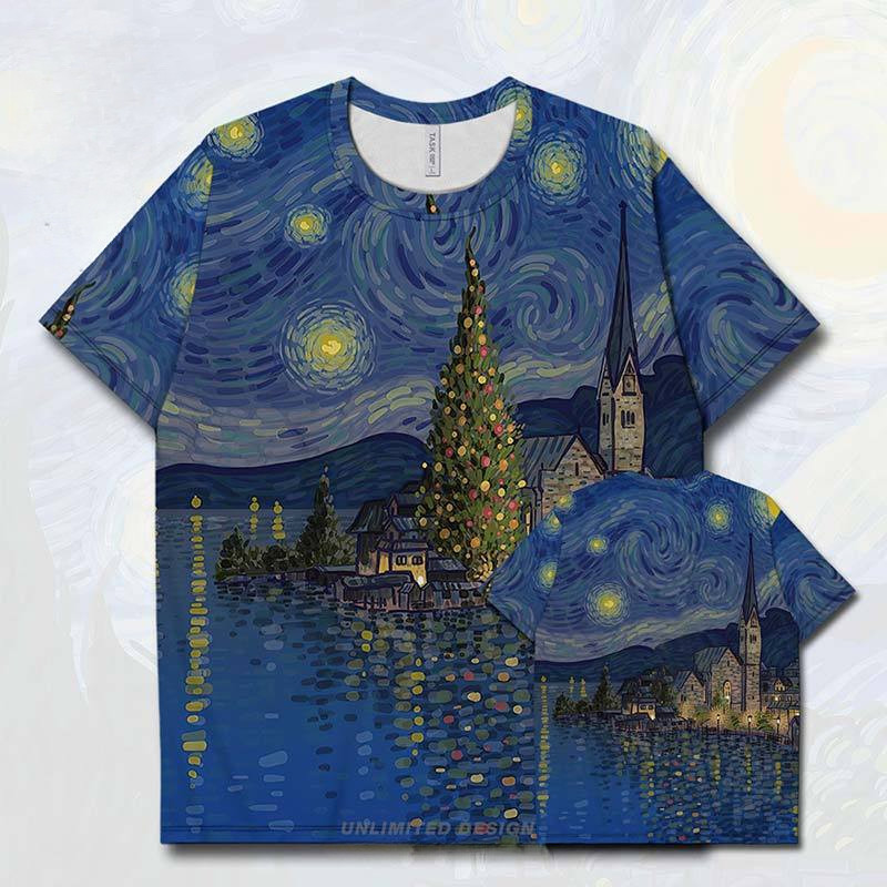 Retro Van Gogh bầu trời đầy sao đêm đầy sao phi hành gia cộng với kích thước nhanh khô Áo Thun 2024 Mùa Hè-mới